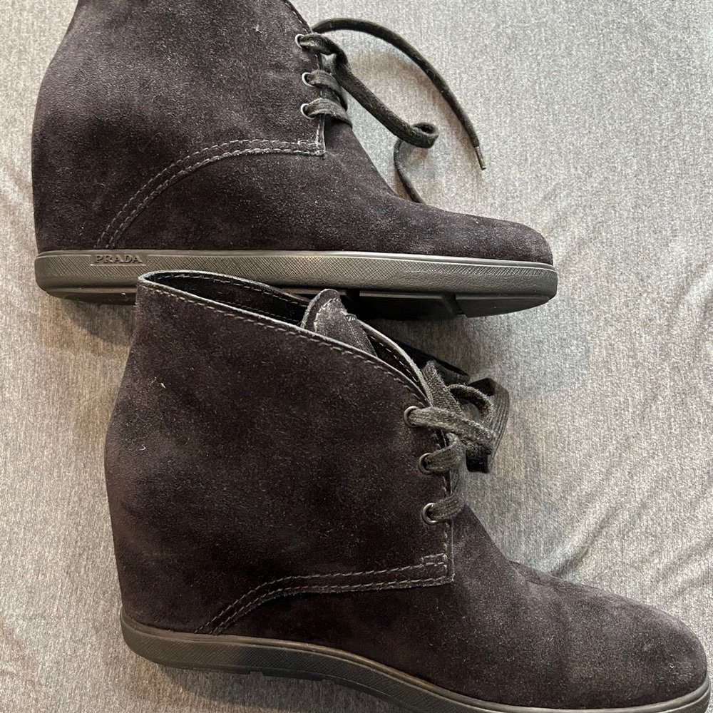 PRADA Half Boot Wedge Lace Booties 3TZ037 Black Suede IT 40.5 US 10-10.5 Shoes - Picture 5 of 11
